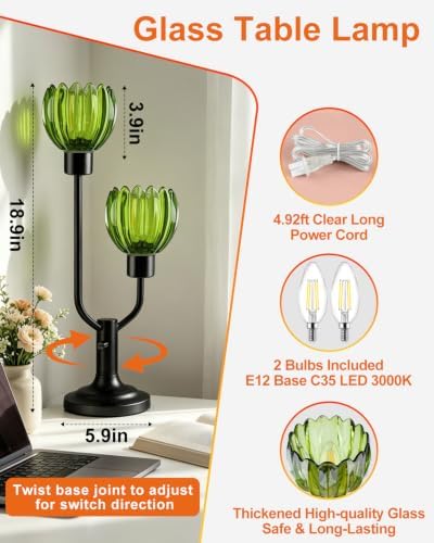 Lightdot Vintage Green Flower Table Lamp Bulbs Included Dimmable Glass Lamp - Image 2
