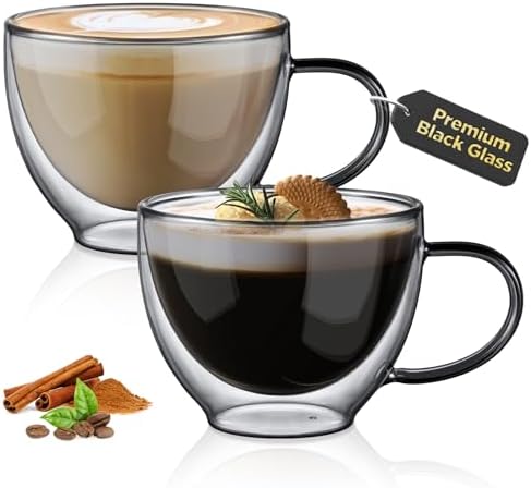 ecooe Black Double Walled Glass Coffee Mug 12 oz Cappuccino Cups Set of 2 by ecooe