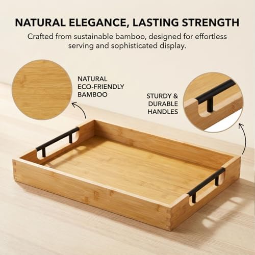 Krismax Wooden Serving Tray with Handles, Serving Platter 15.7x11.4 Inch Food Drinks Tray for Coffee Table,Decorative Storage Tray for Entertaining, Breakfast Tray in Bed,Lunch,Dinner,BBQ(Bamboo) - Image 4