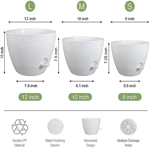 UOUZ Large Self Watering Pots, 12/10/9 Plastic Planters with High Drainage Holes and Deep Reservoir for Indoor Outdoor Garden Plants and Flowers, White Speckles - Image 2