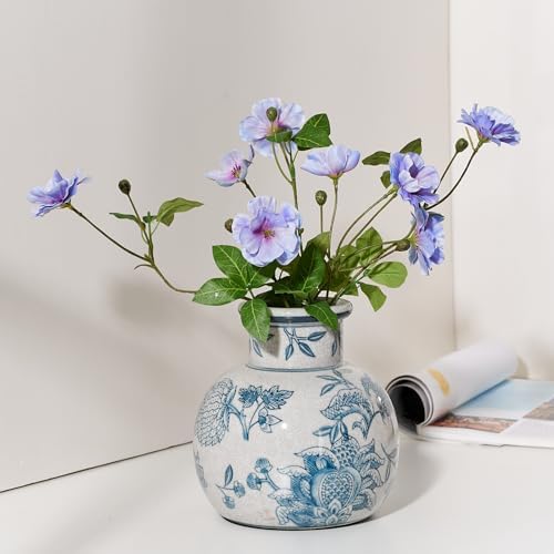 SIDUCAL Blue and White Vintage Vase | 6 Inch Ceramic Chinoiserie Floral | Retro Ice Cracked Blue and White Porcelain Vase for Table, Living Room, Bathroom Decoration, Wedding, Shelf Decor, Mantel - Image 2