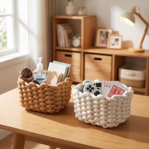 2 Pack Woven Storage Basket Set – Small Square Basket for Shelves, Desk, Vanity, Bedroom – White & Khaki Cotton Rope Bins, 7.7 x 6.1 x 5.5 Inches - Image 6