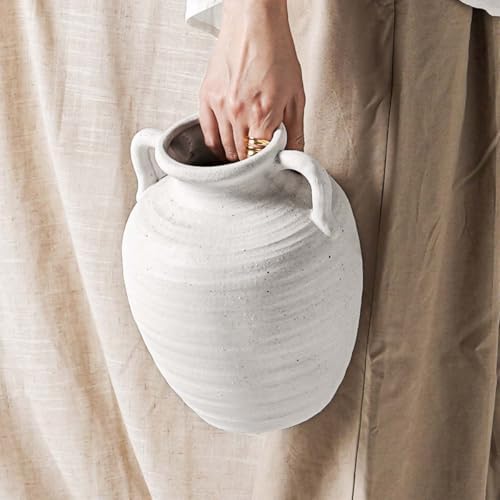 White Ceramic Vase with Handles, 9.5Inch, Farmhouse Rustic, Sandstone White by LETAUCIGARDEN