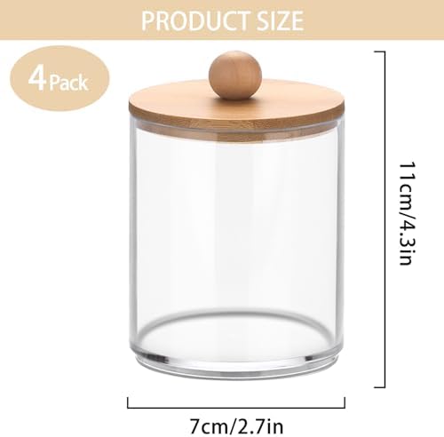 BTSKY 4 Pack PaperClip Holders with Bamboo Lid, Round Binder Holder for Desk, Clear Paper Clip Dispenser Small Office Supply Accessory Organizer Qtip Holder for Office Bathroom Vanity, Clear - Image 2