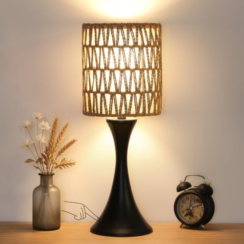 Rattan Table Lamp, 3 Way Touch Control Bedside Lamp with Dual-Layer Shade by Seasidevillage