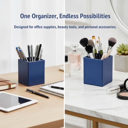 UnionBasic Square Pen Holder, Leather Pencil Cup, Desktop Caddy Stationery Organizer, True Blue - Image 2