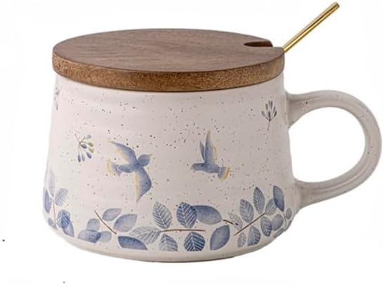 14OZ Ceramic Latte Mug, Cute Flower Coffee Mug For Women With Lid And Spoon, Retro Floral Cup For Green Tea OR Coffee,Hand Painted Floral Design Pottery Cute Mug (white) by Unknown