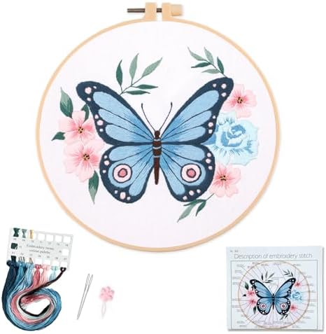 Silentsea Blue Butterfly Embroidery Kit for Beginners – Complete DIY Stitching Craft Set with Pre-Printed Fabric, Hoop, Threads & Video Tutorial – Ideal for Home Decor & Handmade Gifts by Silentsea