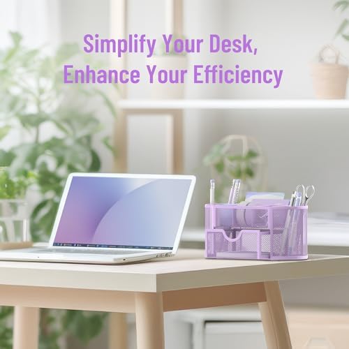 Mesh Desk Organizer with Drawer, 9-Compartment Pen Holder for Desk, Purple - Image 2