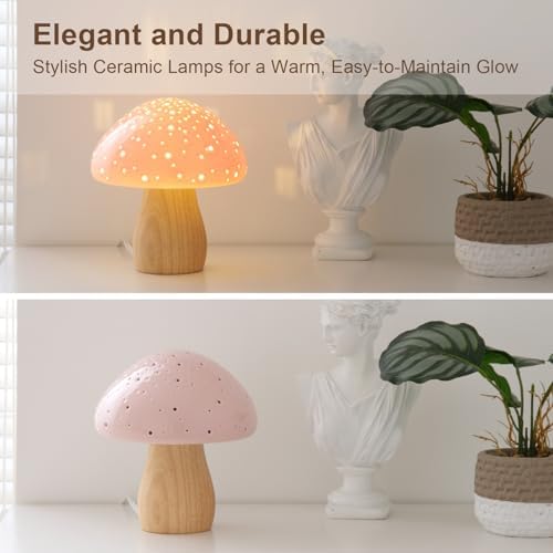 BOHON Mushroom Lamp Ceramic Bedside Table Lamp, Pink - Image 2