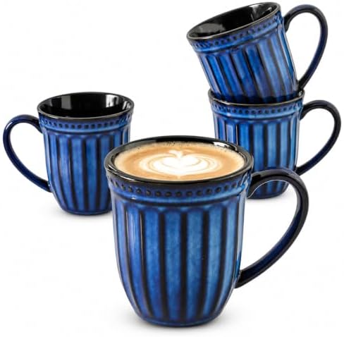 16 OZ Coffee Mugs Set of 4, Navy Ceramic Coffee Cups with Handles by Tikooere