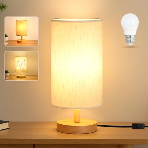 Desk Lamp LED Bulb Included, Small Bedside Table Lamp Plug-in - Classic Wood Base with Flaxen Fabric Shade, Lamps for Night Stands, Simple Nightstand Light for Bedroom, Office, Desk by Unknown
