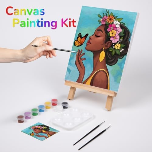 VOCHIC Pre Drawn Canvas for Painting for Adults Paint and Sip Kit Painting Party Supplies 8 Acrylic Colors,3 Brushes,1 Palette Art Set Flower Girl 8x10 in - Image 2