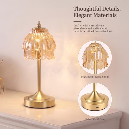 Cordless Table Lamp, Rechargeable Gold Glass Flower Lamp - Image 5