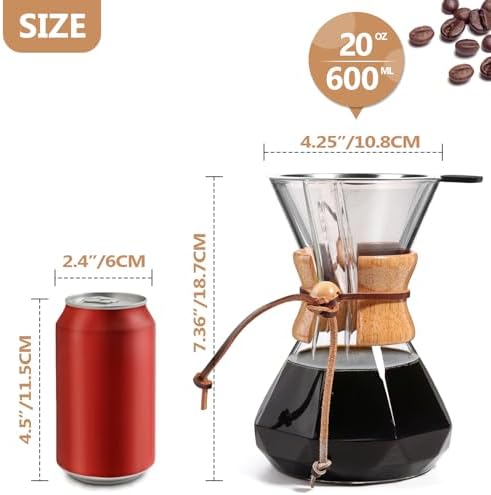 Pour Over Coffee Maker 20 OZ, 6 Cup Borosilicate Glass Drip Coffee Maker with Reusable Stainless Steel Filter and Cork Grip for Home Café 600 ML (Diamond Shape) - Image 2