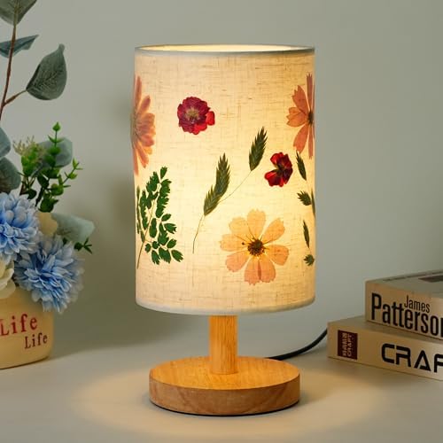 Decorative Table Lamp with Floral Shade Design, Wooden Base, Fabric Lampshade, Ambient Lighting for Bedroom, Living Room (Beige) by Unknown