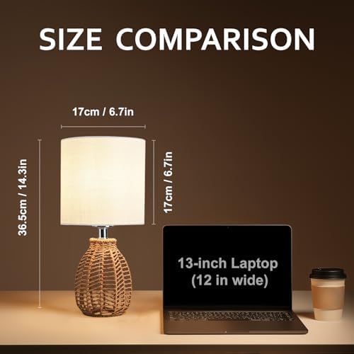 KUNJOULAM Rattan Table Lamp, Small Nightstand Lamp with Linen Fabric Lampshade, Desk Lamp Bedside Lamp for Living Room Home Office, Without Buld - Image 2