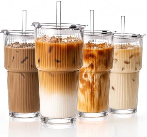 20oz Iced Coffee Cups with Lids, Ribbed Glass Cups with Lids and Straws by GOSCHE