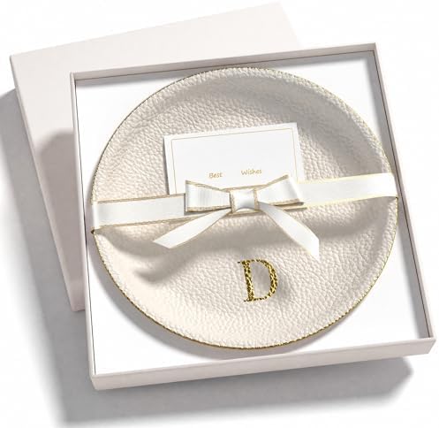 Initial Jewelry Dish for Women, Shatterproof Vegan Leather Ring Holder with Stainless Steel Core, Personalized Monogram Trinket Tray, Birthday Bridesmaid Gift with Box (Cream Letter D) by AUTYANL