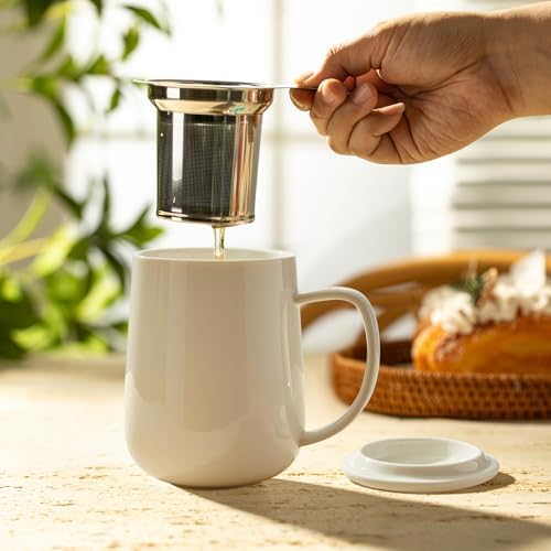 Sweese 20 OZ Porcelain Tea Mug with Infuser and Lid, Loose Leaf Tea Cup, Gifts for Tea Lover - White - Image 3