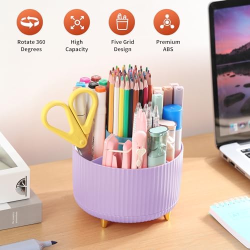 Desk Pencil Pen Holder, 5 Slots 360°Degree Rotating Pen Organizers for Desk, Desktop Storage Stationery Supplies Organizer, Cute Pencil Cup Pot for Office, School, Home, Art Supply, Purple - Image 2