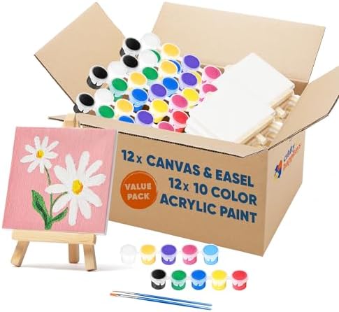 Set of 12 Mini 4x4 Canvas and Easel Set with 10 Colors Acrylic Paint - Bulk Kids Art Party Favors & Supplies - Mini Paint Party Kits - Kids Canvas Painting Set - Paint & Sip Kit by CraftyHappitoys