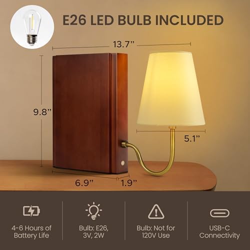AELS Solid Wood Bookshelf Lamp with Bulb, Cordless Rechargeable Touch Dimmable Table Lamp with Linen Fabric Shade, Modern Decorative Bookend Lamp for Bedroom, Office & Bookshelf Decor, Dark Brown - Image 2