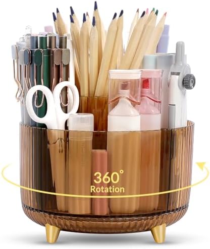 SKYDUE Rotating Pencil Pen Holder, Pen Organizer with 5 Slots - Aesthetic Desk Organizer and Accessories for School, Home, Office Supplies, Clear Tawny by SKYDUE