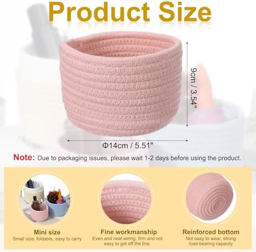 uxcell Pink Small Cotton Rope Woven Storage Basket, Shelf Closet Storage Gift Woven Baskets Cute Nursery Box Bin Decor Organization Bin for Home Supply, Round, 5.6x3.6 - Image 2