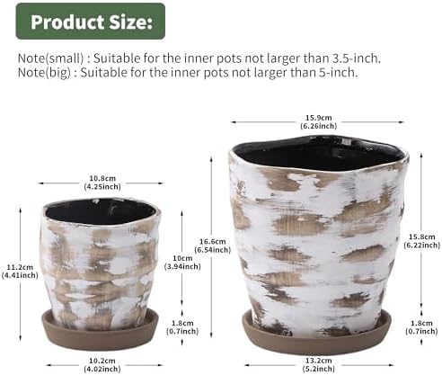 4+6 Inch Ceramic Planter Set of 2 with Drainage Hole,Saucer for Plants, Indoor-Outdoor Large Round Succulent Orchid Flower Pot- Cement Paint, Inner-pots not Larger Than 5 Inch Light Brown - Image 3