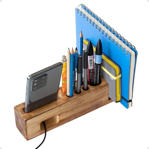 Wooden Desk Organizer with Phone Holder – Stylish & Functional Book, Pen and Cell Phone Charging Stand - Solid Wood Desk Top Organizer by HoffengWell