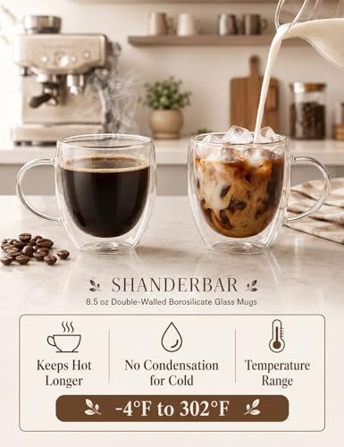 8.5oz Double Walled Glass Coffee Mugs with Handles, Set of 4 - Image 4