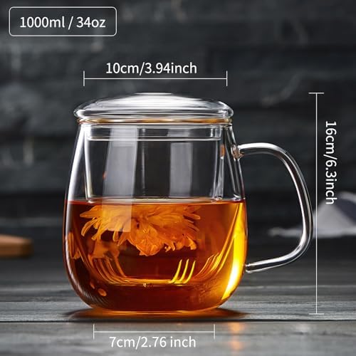 DOPUDO Large Glass Tea Cup, 34 oz Borosilicate Glass Tea Mug with Infuser and Lid, 1000ML Clear Tea Cups for Brewing Scented Tea and Tea Bag. - Image 2