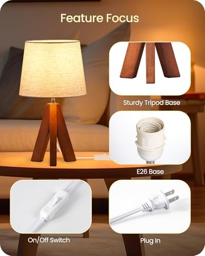 Tripod Table Lamp, 14.6 Inch Small Bedside Lamp with Beige Linen Shade, Modern Nightstand Lamp for Bedroom, Kids Room, Living Room, Nursery, Office, E26 Socket, Dark Wood Base, LE51TL05 - Image 4