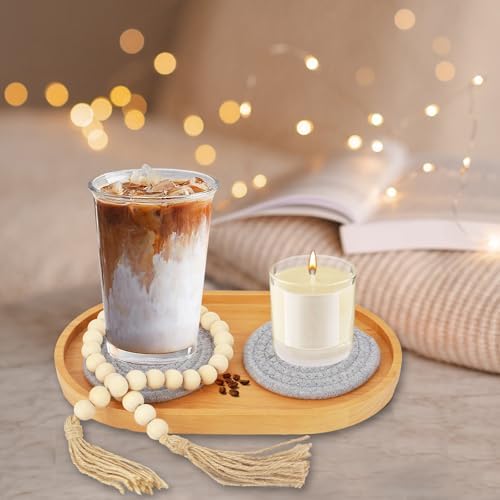 Wooden Candle Tray Holder 11 * 6.5 * 0.8 Inch Elliptical Decorative Serving Trays for Coffee Table Centerpiece Home Decor Wood Table Tray for Kitchen Counter with Beads Decor and 2 Coasters - Image 5