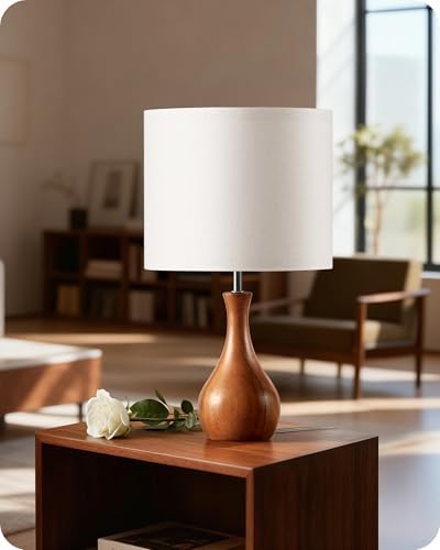 Small Table Lamp, Wood Bedside Lamp with White Linen Lampshade & Dark Wood Base, Mid Century Modern Nightstand Lamp for Bedroom, Living Room, Kid's Room, Dorm Room, E26 Socket, LW09TL05 - Image 3