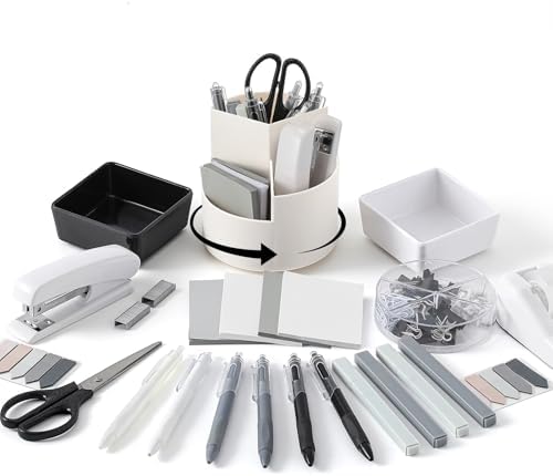 Kosiz 27 Pcs Black White Desk Accessories Gift for Aesthetic Desk Organizer Neutral Office Supplies Pen Holder Stapler Binder Sticky Notes Paper Clips Scissor Staples for Back to School(Classics) by Kosiz