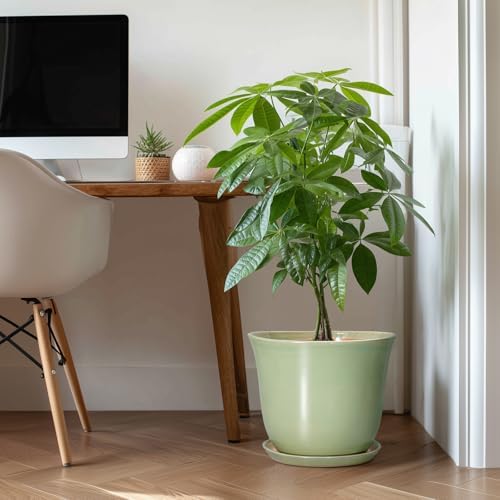 Ceramic Planter - 12 Inch Plant Pot for Indoor Outdoor, Round Planter with Drainage Hole and Saucer, Large Plant Pot, Modern Flower Pots, Home Garden Apartment Decor, Gardening Gifts, Green - Image 3