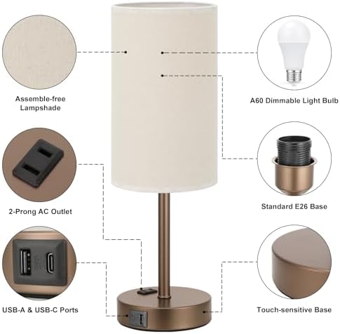 Fenmzee 17.4" Brown Lamp for Bedroom - Dimmable Touch, USB A+C, AC Outlet - Image 5