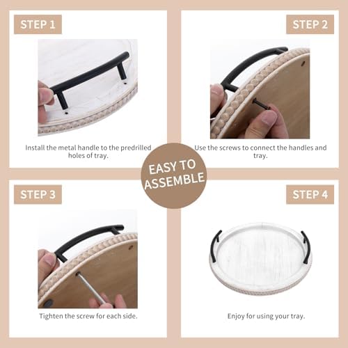 SwallowLiving 18Inch White Wooden Beaded Serving Tray with Handle Decorative Rustic Whitewashed Tray for Coffee Table Farmhouse Round Tray for Kitchen, Living Room and Bedroom - Image 6