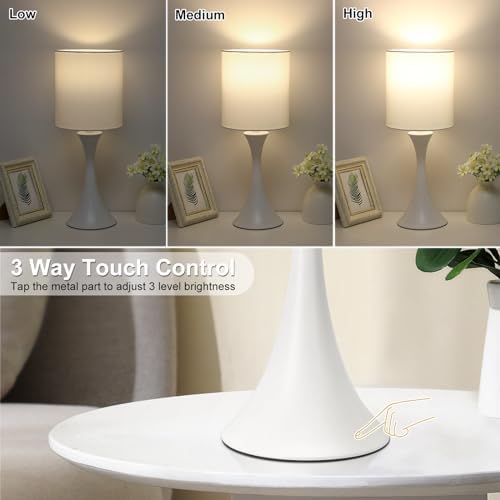 Modern Table Lamps, 3 Way Touch Control Table Lamp, Dimmable Desk Lamp, White Nightstand Lamp with Fabric Shade, Small Bedside Lamp for Living Room, Dorm,Home Office, LED Bulb Included - Image 3