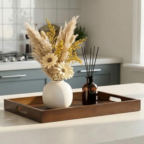 14.9''x10.2''x1.57'' Bamboo Wooden Tray with Handles, Rectangular Natural Solid Wood, Walnut Dark Brown Color Serving Tray.Suitable for Kitchen,Bedroom,Breakfast,Coffee,Decorative,Party Bars. - Image 7