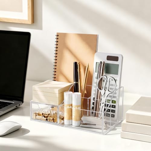 HBlife Acrylic Desk Organizer with Drawer, Pen & Pencil Holder, Multifunctional Desktop Caddy for Office Supply and Organization (Clear, 2 Pack) - Image 4