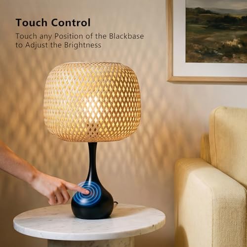 ONEWISH Touch Bedside Lamp for Bedroom, 3-Way Dimmable Table Lamps for Nightstand, Handwoven Bamboo Shade Desk Lamp for Living Room, Home Office - Image 3