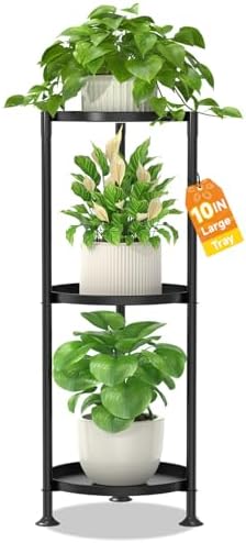 LASZOLA Plant Stand Indoor Tall Corner with Large Metal Tray, 3 Tier Black by LASZOLA