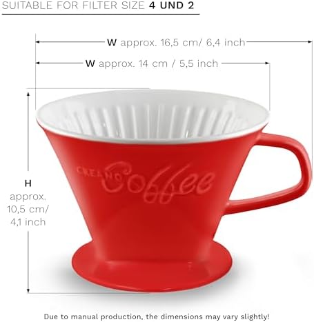 Creano Porcelain Coffee Dripper Red - Ceramic Cone Brewer - Pour Over Coffee Maker for Filter Bags Size 4 - Easy Manual Brew for pure Taste - also for Camping, Hiking - Image 2