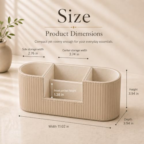 KINGFOM Aesthetic Desk Organizer for Women, Luxury Faux Leather Desk Accessories with 4 Compartments, Minimalist Vanity Organizer for Makeup Brushes, Beige Office Decor for Home, Bedroom & Workspace - Image 2