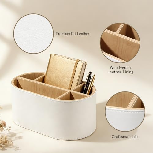 KINGFOM PU Leather Desk Organizer with Multi Compartments, Desktop Caddy Holder for Remote Controls, Pens, Makeup Brushes, Office Accessories (Beige) - Image 3
