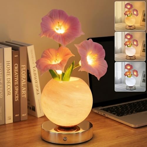 Flower Table Lamp, Rechargeable Cordless Touch Dimming Artificial Morning Glory Flower Desk Lamp, LED Flower Bedside Night Light Romantic Gifts for Girl Women Mom (Pink Morning Glory) by Strackvial