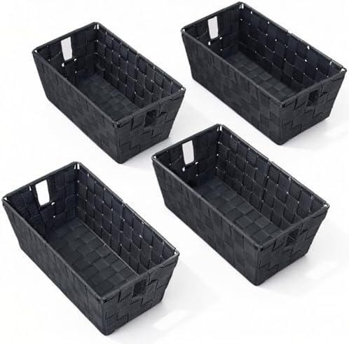 Storage Baskets for Organizing, Woven Organizer Baskets for Shelves, Small Strap Shelf Baskets for Bathroom Storage, Grey, Set of 4 by homyfort